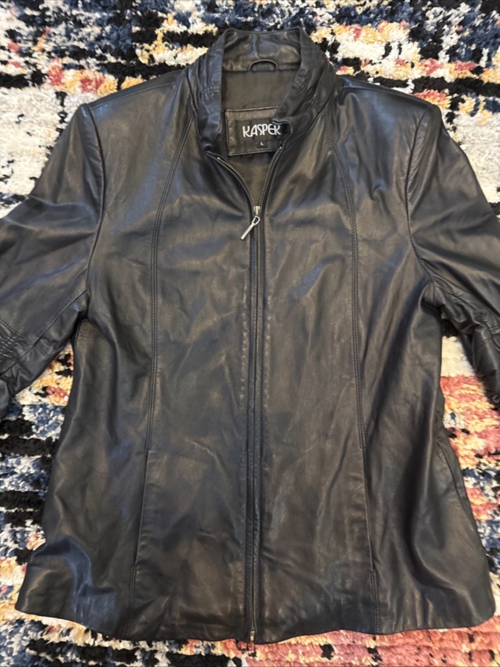 Kasper Black Leather Zip-Up Moto Jacket size Larfe